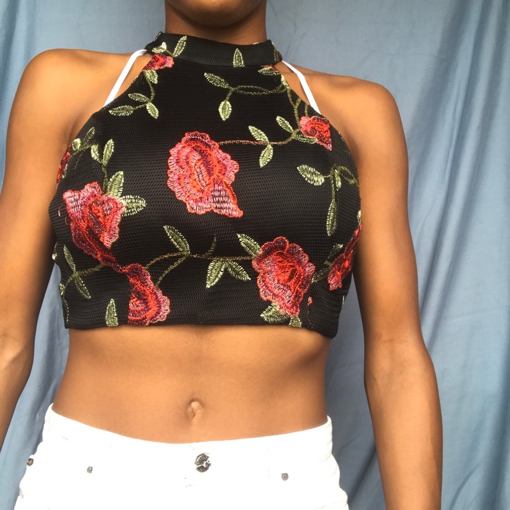 Black Embroidered Crop Top